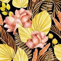 acquerello disegno, senza soluzione di continuità modello di asciutto tropicale le foglie e fiori nel boho stile. secco fiori, palma foglie, Rose su nero sfondo vettore