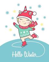 saluto vacanza carta con carino unicorno ghiaccio pattinando per allegro Natale e nuovo anno. vettore illustrazione.
