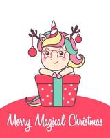 saluto vacanza carta con carino unicorno Tenere regalo per allegro Natale e nuovo anno. vettore illustrazione.