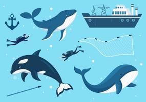 balena a caccia con balene catturato di pescatore nel il mezzo di il in profondità mare per vendita nel mano disegnato piatto cartone animato modelli illustrazione vettore