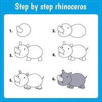 educativo foglio di lavoro per bambini. passo di passo disegno illustrazione. rinoceronte. attività pagina per prescolastico formazione scolastica. vettore