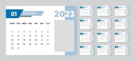 mensile scrivania calendario modello per 2023 anno. settimana inizia su Lunedi vettore
