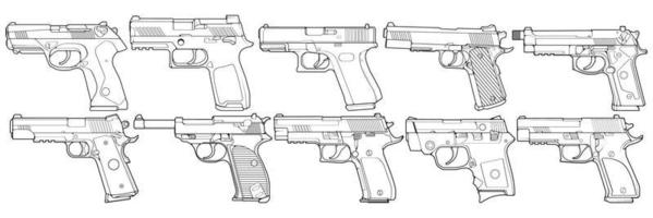 impostato di grafico nero e bianca dettagliato pistola pistola. isolato su bianca sfondo. vettore impostare.