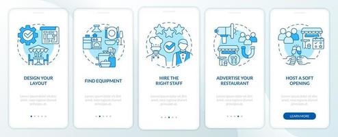 di partenza ristorante lista di controllo blu onboarding mobile App schermo. Procedura dettagliata 5 passaggi modificabile grafico Istruzioni con lineare concetti. ui, ux, gui modello. vettore