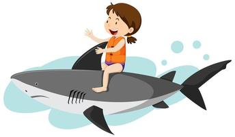 ragazza in stile cartone animato cavalcando uno squalo vettore
