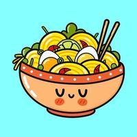 carino divertente ramen ciotola. vettore mano disegnato cartone animato kawaii personaggio illustrazione icona. isolato su blu sfondo. ramen ciotola personaggio concetto