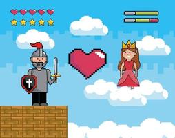 scena del videogioco con guerriero e principessa vettore