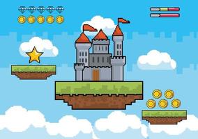 scena di videogioco con castello galleggiante vettore