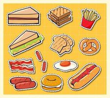 adesivo cartone animato cibo misto su sfondo griglia vettore