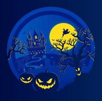 Halloween notte sfondo, zucche e buio castello.halloween manifesto buio blu. vettore