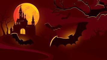 sfondo di Halloween con castello e pipistrelli volanti. vettore