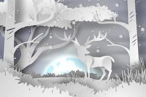 arte di carta di cervi nella foresta paesaggio neve con la luna piena