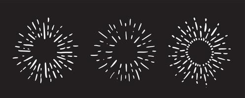 immagini di raggi di sole su sfondo nero. set di icone disegnate a mano di fuochi d'artificio. vettore. vettore