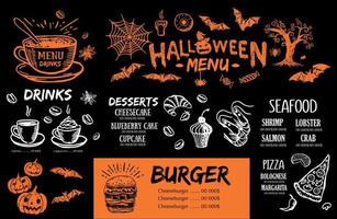 menu del ristorante del bar, design del modello, menu di halloween, volantino alimentare. vettore