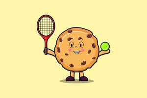 carino cartone animato biscotti personaggio giocare tennis campo vettore