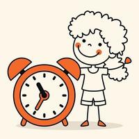 mano disegnato divertente cartone animato bambino con un' orologio vettore