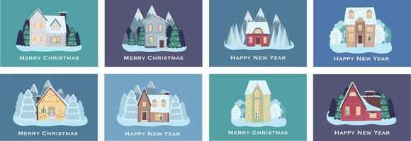 impostato di Natale carte con case, abete alberi e neve con il iscrizione allegro Natale vettore