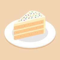 fetta di vaniglia torta guarnizione con colorato spruzzatori su piatto o piatto. delizioso dolce dolce concetto. isometrico cibo icona. carino cartone animato vettore illustrazione. simbolo di dolci elemento. bar menù.