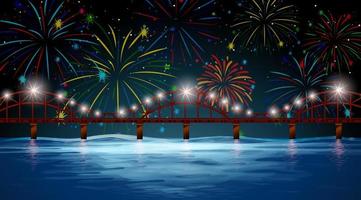 scena del fiume con fuochi d'artificio di celebrazione vettore