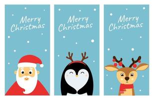 impostato di Natale banner con carino cartone animato Santa claus, pinguino e cervo personaggi. modello per invito, manifesto, striscione. vettore