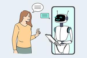 artificiale intelligenza e tecnologie concetto. sorridente ragazza in piedi e guardare a smartphone schermo con bianca robot Bot comunicare con sua vettore illustrazione