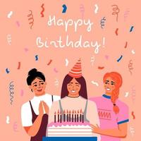 contento compleanno. Da donna con compleanno torta e festeggiare. amici su il festa. coriandoli volante nel il aria. saluto carta. vettore illustrazione