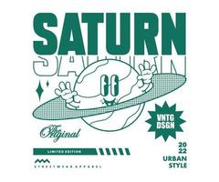 retrò manifesto cartone animato personaggio di Saturno pianeta grafico design per t camicia strada indossare e urbano stile vettore