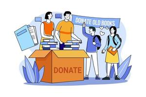 volontario gruppo dona vecchio libri e giornali per povero studenti vettore