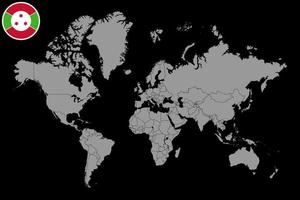 mappa pin con bandiera burundi sulla mappa del mondo. illustrazione vettoriale. vettore