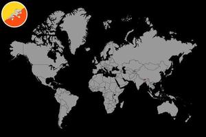 mappa pin con bandiera bhutan sulla mappa del mondo. illustrazione vettoriale. vettore