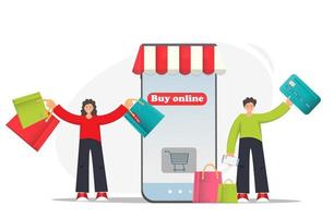 contento donna e uomo con shopping borse, smartphone e credito carta fare shopping in linea, in linea shopping concetto, commercio elettronico, veloce saldi, sconto, pagamento senza soldi, digitale, piatto illustrazione vettore