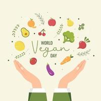 mondo vegetariano giorno, un' vegano giorno concetto con umano mani e fresco frutta e verdure. vettore