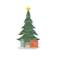 illustrazione di un ornato Natale albero con multicolore regalo scatole per nuovo anno e Natale. vettore