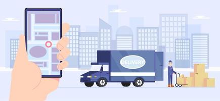 consegna del servizio e logistica con il concetto di app per telefono vettore