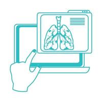 in linea medico, mano toccante Schermo il computer portatile diagnostico polmone medico covid 19, linea stile icona vettore
