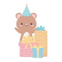 buon compleanno orsetto cappello da festa e scatole regalo celebrazione decorazione carta vettore