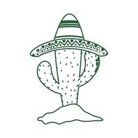 cactus con cappello nel sabbia cinco de mayo messicano celebrazione linea stile icona vettore