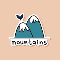 disegnato etichetta di scarabocchio montagne con un' cuore. isolato etichetta di snow-capped montagne con testo. natura vettore illustrazione.