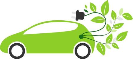 verde elettrico verde auto con ricarica cavo e le foglie a partire dal dietro. pulito energia e zero emissioni in il atmosfera. icona elettrico macchina. senza iscrizioni nel il figura vettore