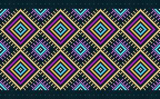 pixel geometrico etnico modello, vettore ricamo ikat sfondo, pixel giallo rosa e blu modello piazza