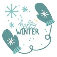 Ciao inverno. illustrazione con scritta. disegno guanti e fiocchi di neve.vettore a mano libera illustrazione vettore