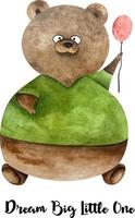 acquerello seduta orso nel verde camicia con rosso Palloncino. divertente orso ragazzo. acquerello illustrazione con carino orso compleanno vettore