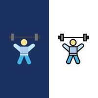 atleta Atletica avatar fitness Palestra icone piatto e linea pieno icona impostato vettore blu sfondo