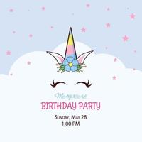 unicorno invito per un' magico compleanno festa con un' nube nel il sfondo vettore