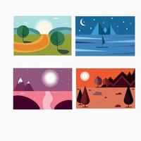 paesaggi impostare. paesaggio e manifesto. bandiera illustrazione. montagne, tramonto, estate, notte. alberi e natura. vettore
