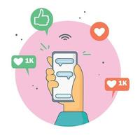 sociale media marketing. il mano detiene il smartphone. ricevente messaggi, comunicare, sms. vettore