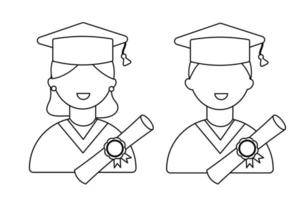 un' alunno sorrisi su la laurea giorno con il suo diploma. uomo e donna nel linea stile. vettore illustrazione.