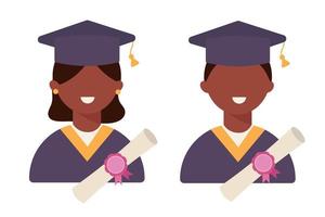 un' alunno sorrisi su la laurea giorno con il suo diploma. uomo e donna nero nel piatto stile. vettore illustrazione.