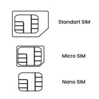 sim carta simbolo nel un' linea stile. standard sim, micro sim e nano sim. mobile Telefono carta. vettore illustrazione