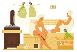 donne nel asciugamani nel sauna rilassante, utilizzando corpo macchia. vapore bagno interno con fornello, panca, secchi, burch scope. piatto vettore illustrazione.